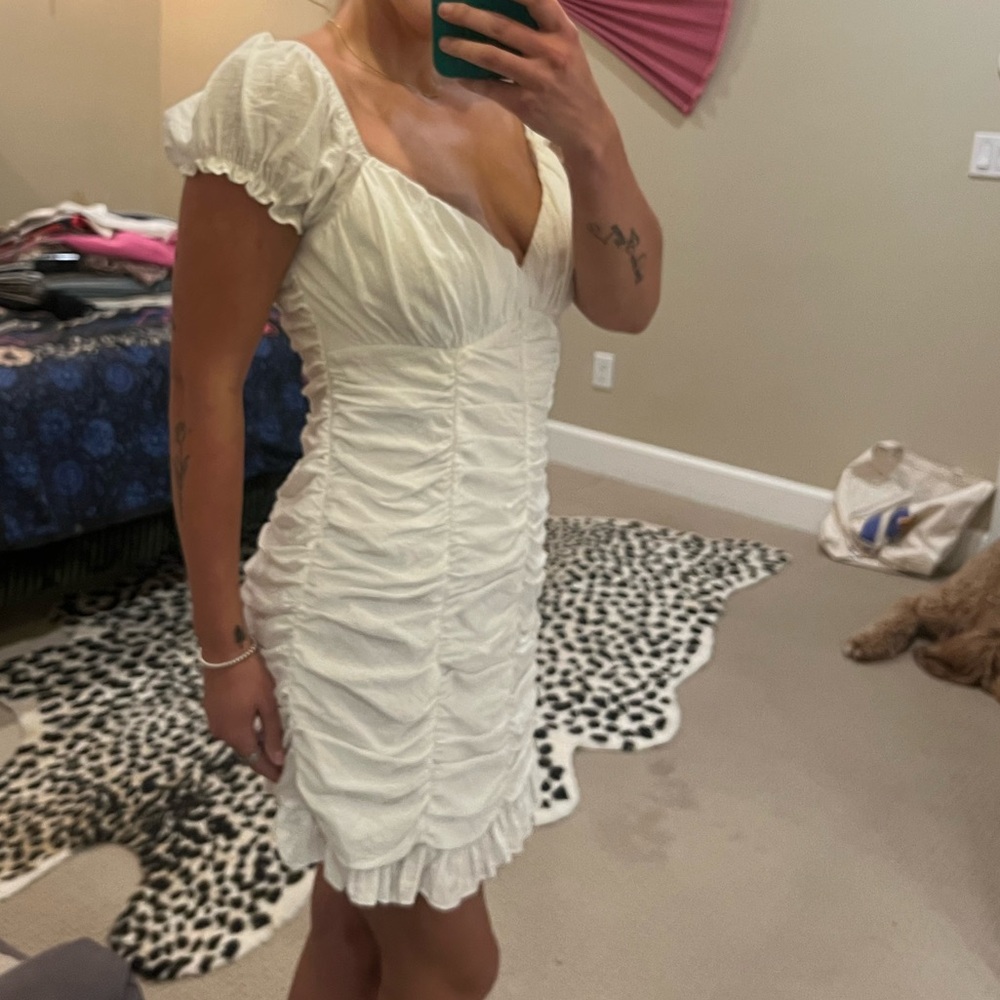 Chic White Ruched Mini Dress - Picture 6 of 7